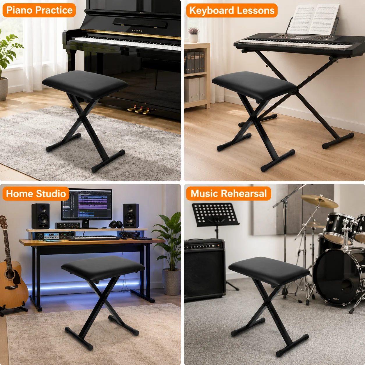 Foldable Piano Bench Lightweight 2.34KG 4-Level Height Adjustable PU Leather Padded Seat X-Frame for Keyboard Lessons Black