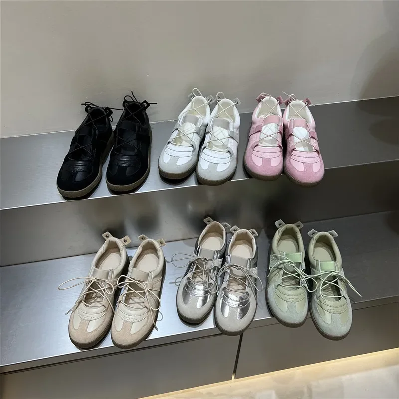 

2024 Women Spring Summer New Soft Leather Korea Y2k Designer Casual Ballet Sports Athletic Training Flat Sneakers Female Shoes