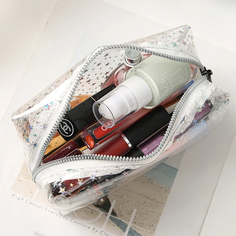 PVC transparent makeup bag for women, portable outdoor travel toiletries bag, star fashion square cosmetic storage bag