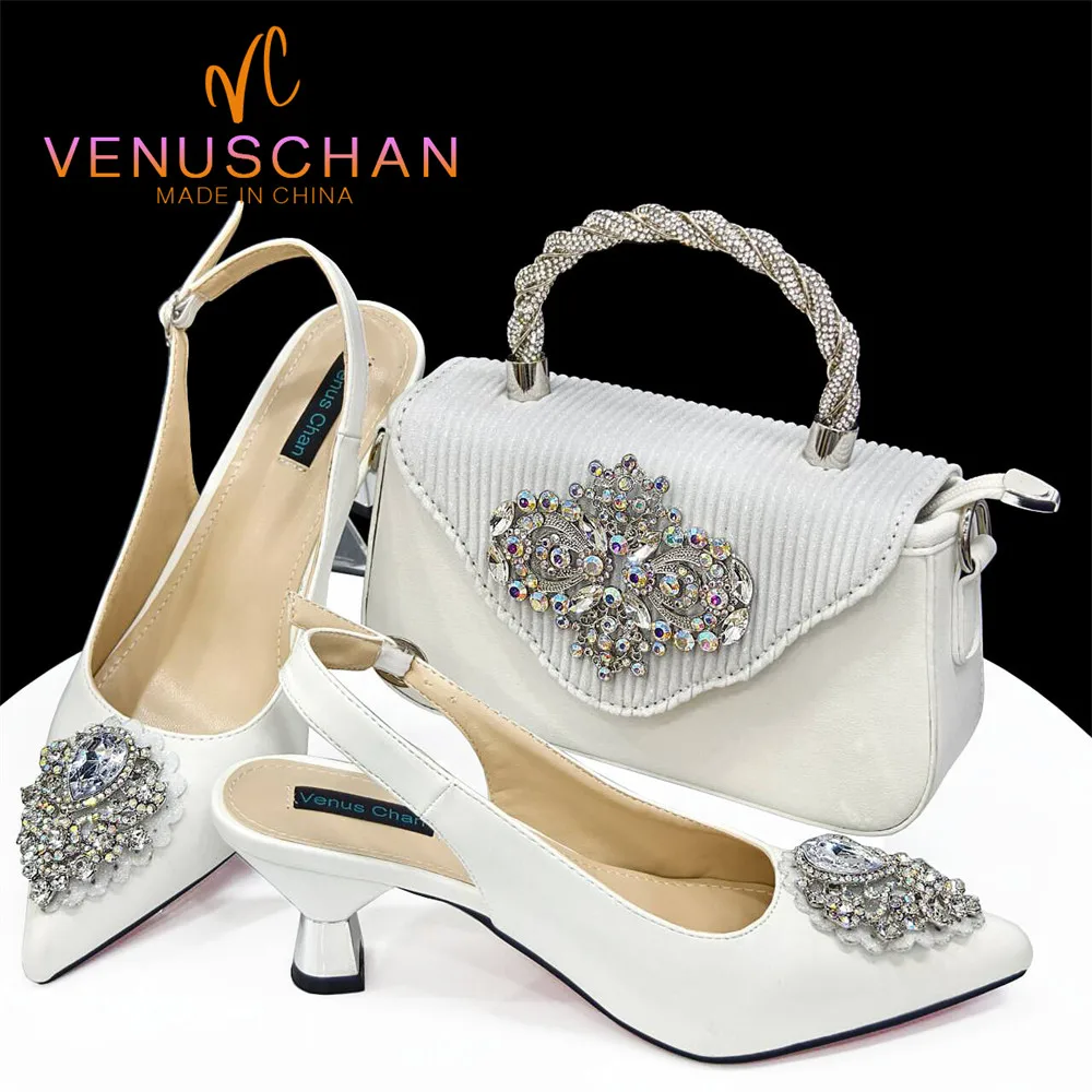 Venus Chan 2024 Latest Wedding Pointed Toe Women's Shoes High Heel White Color Rhinestones Party Ladies Shoes And Bag Set