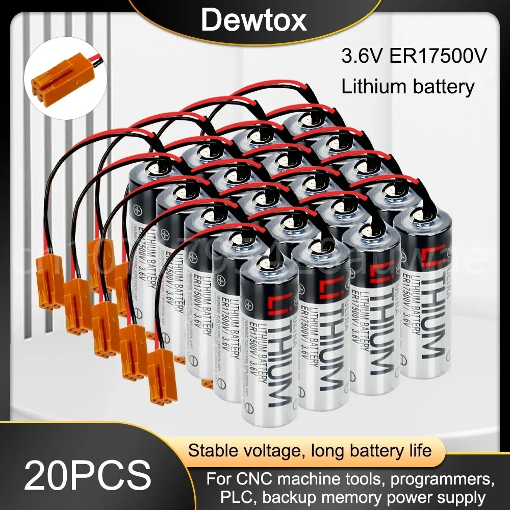 

20PCS 100% Original 3.6V 2700mAh ER17500V ER17/50 CS1W-BAT01 PLC Lithium Battery With Brown Plugs Connectors