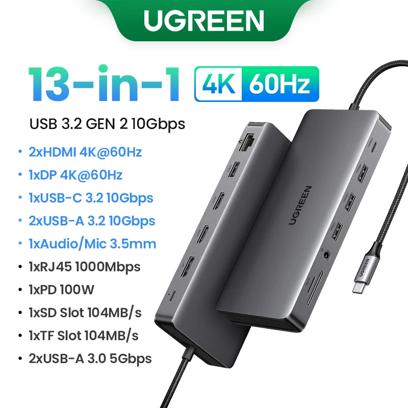 

[RU Special] UGREEN USB Splitter 13-in-1 Type-C to HDMI DP PD100W USB3.2 USB-C/A 10Gbps SD&TF Slot USB3.0 Ports