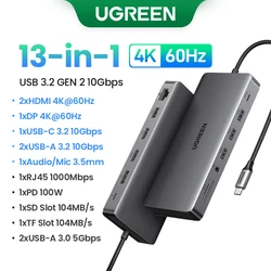 [RU Special] UGREEN USB Splitter 13-in-1 Type-C to HDMI DP PD100W USB3.2 USB-C/A 10Gbps SD&TF Slot USB3.0 Ports