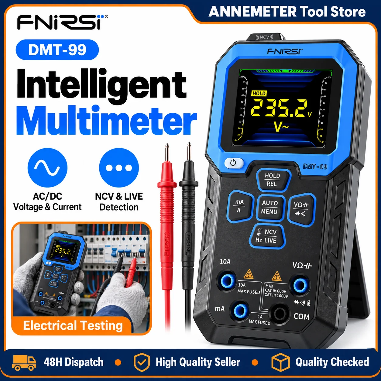 FNIRSI DMT-99 Digital Multimeter 9999 Counts TRMS, Rechargeable Volt Meter Auto-Ranging, Graph Recording, Anti-Burn Protection
