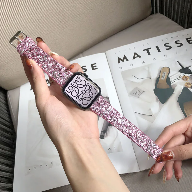 Glitter Strap for Apple Watch Band Ultra 49mm 38mm 40mm 42mm 44mm 41mm 45mm Women Leather Bracelet iWatch Series 7 8 6 5 4 3 SE image 3