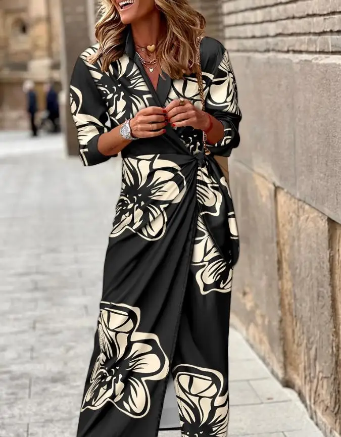 

Flower Print Casual Lace Up Shirt Dress for Autumn Women, Elegant Lapel, Waist Cinched, Long Sleeved, Hip Hugging Dress