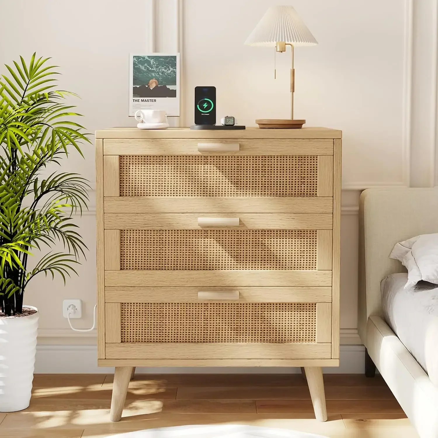 Rattan Nightstand with Charging Station, Night Stand with 3 Drawers, 23.6