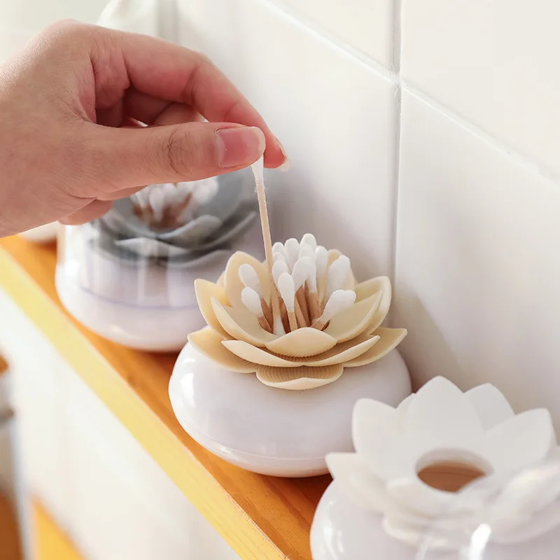 

Q-tip Holder Cotton Swab Storage Box with Lid Toothpick Holders lotus Shape Storage Organizer Holder Bathroom Accessories