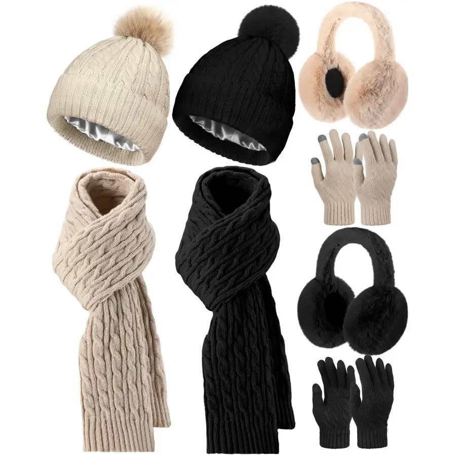 

8 Pcs Women Hat Scarf Gloves and Earmuff Set Winter Knit Beanie Pompom Hat Warm Touch Screen Gloves for Men Adult