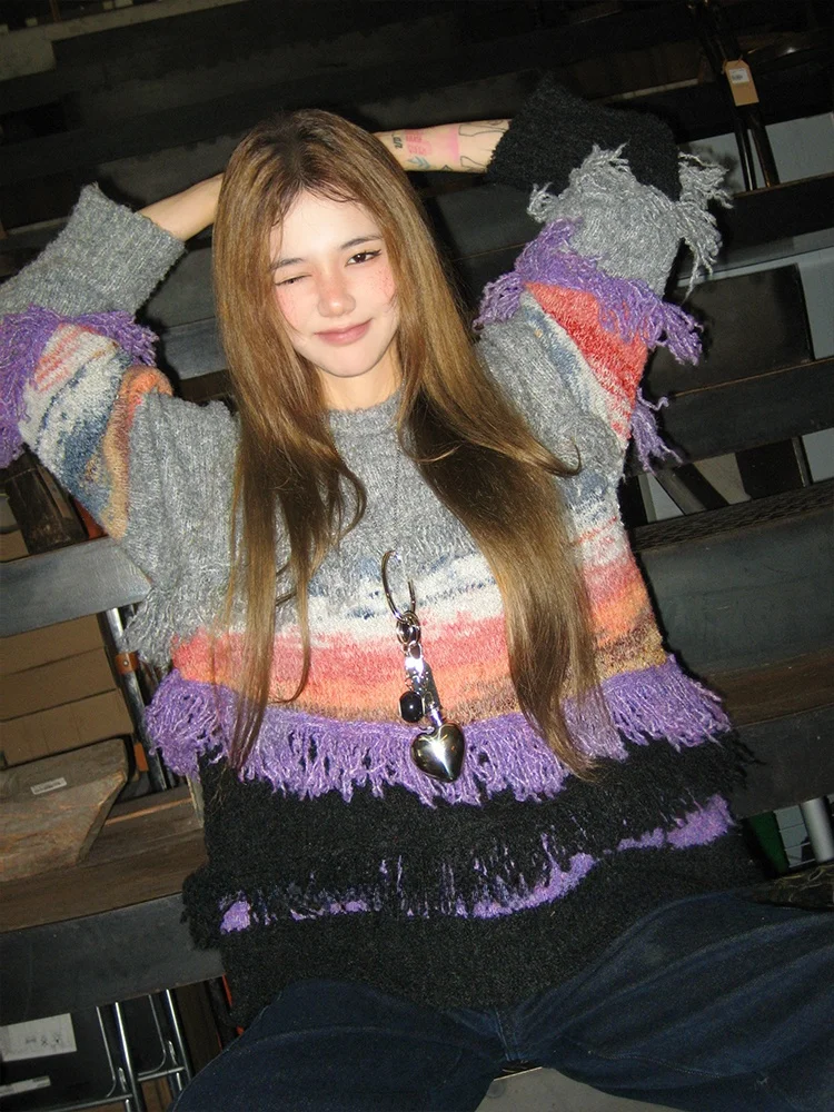 

Женский вязаный свитер Forlions Lazy Style с градиентным эффектом и бахромой, с круглым вырезом, длинными рукавами, средней длины