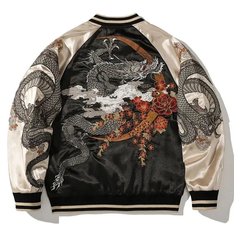 Heavy Embroidery Baseball Jacket Men's Women's Dragon Pattern Contrast Color Hamam Design Polyester Fiber Autumn Winter Coat