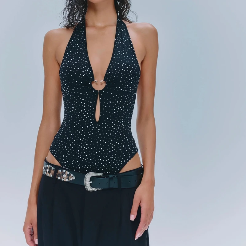 

Women's Sexy Night Out Backless Coquette Short Playsuit Shiny Rhinestone Tied Halter V-neck Bodycon Bodysuit Clubwear