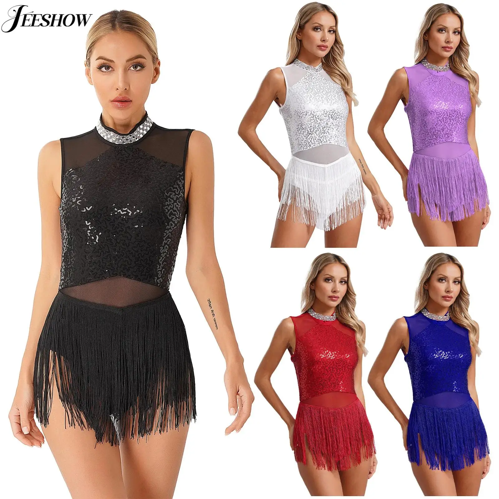 

Женский блестящий купальник для латинских танцев с блестками без рукавов, сетчатый лоскутный боди с бахромой и юбкой, танцевальная одежда для танго, румбы, ча-ча, самбы