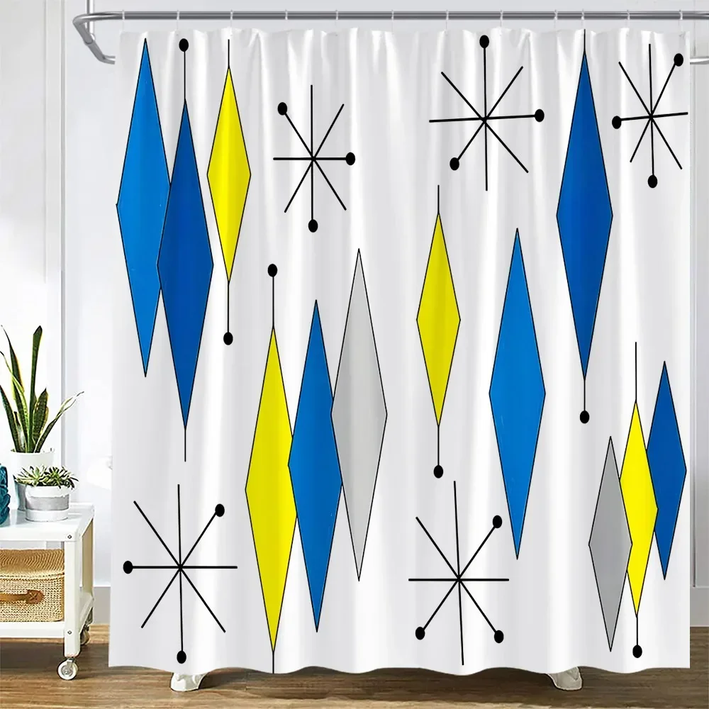 Mid Century Modern Shower Curtains Geometric Turquoise Orange Diamond Creative Boho Art Fabric Bathroom Decor Bath Curtain Sets