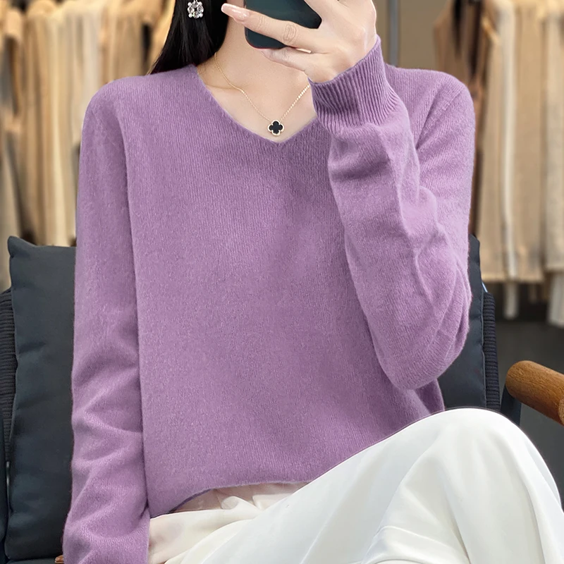 Nuovo pullover con scollo a V a maniche lunghe, maglione lavorato a maglia autunno e inverno da donna in tinta unita alla moda e confortevole - WQ103