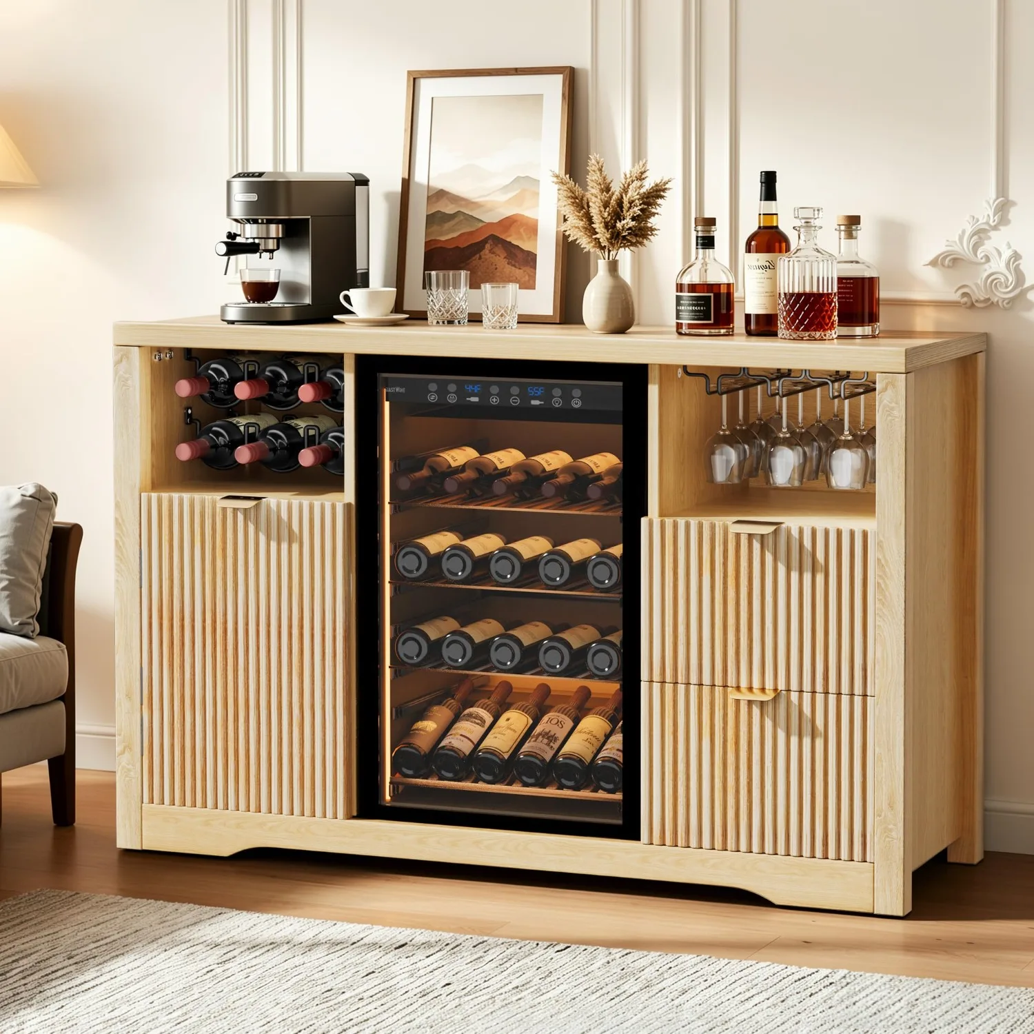 Coffee Bar Cabinet with Mini Fridge Space, 53"Wine Cabinets with Storage