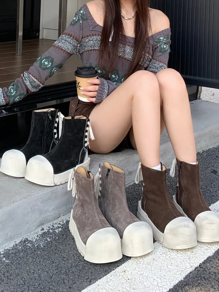 Women Genuine Leather Boots Vintage Round Toe Platform Shoes Spring Autumn Street Hip Hop Female Casual Cow Suede Short Boots