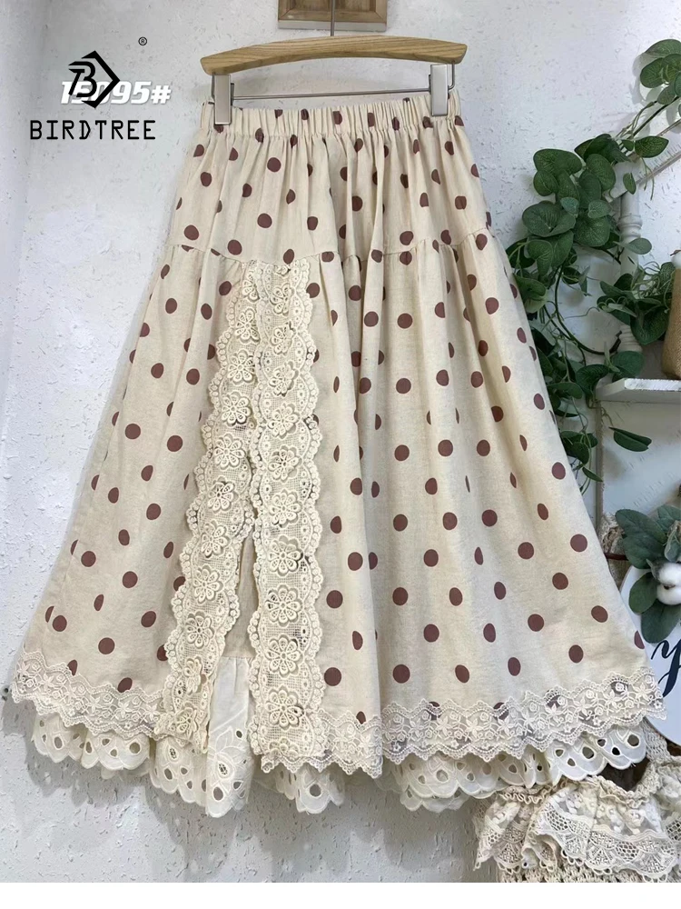 

New Spring Cotton Casual Skirts Women Elastic Waist Versatile Dot Printed Skirt Girl OL Retro Loose Skirt 2024 Summer B45051QC