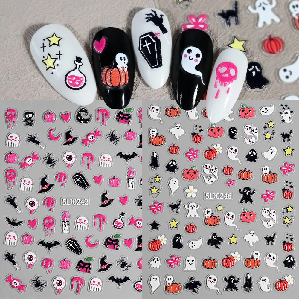 1pcs 5D Embossed Cute Ghost Pumpkins  Nail Sticker Self-Adhesive Halloween Nail Art Decals Skull Spider Web Design Nail Supplies