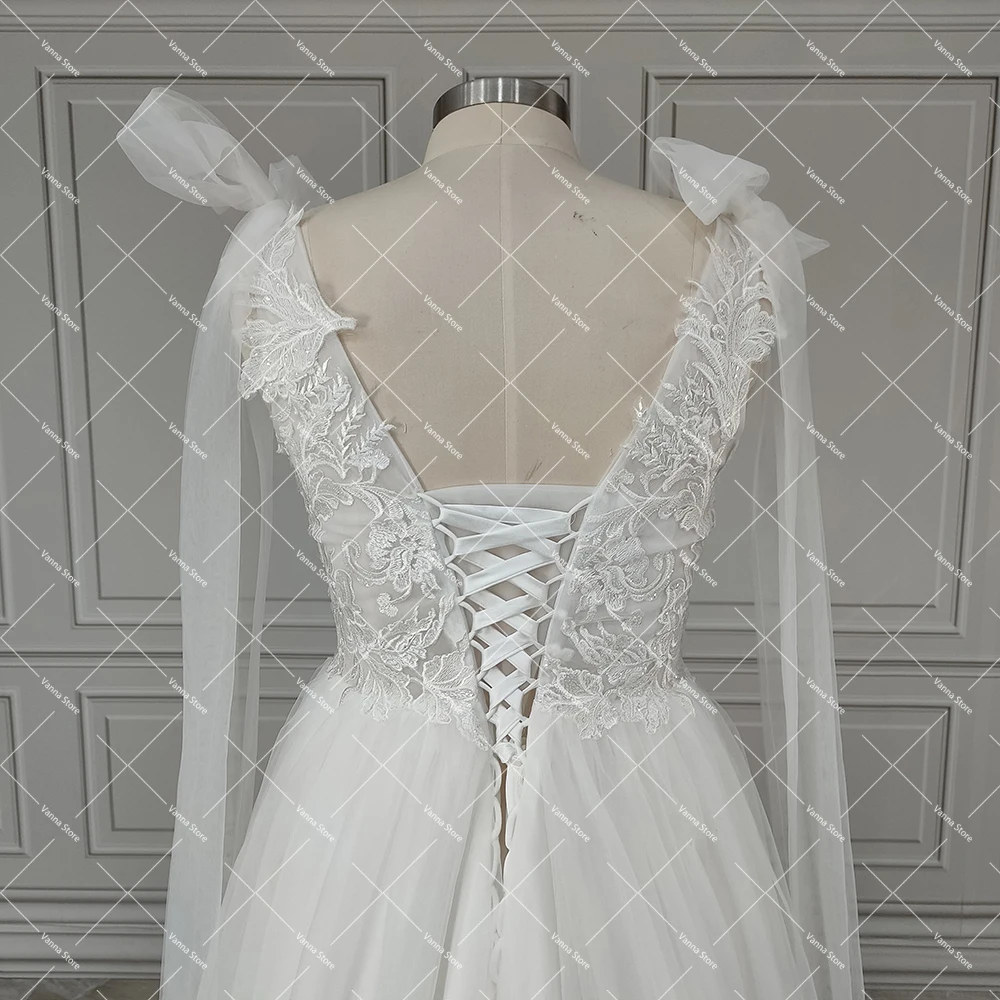 Vestido de novia de encaje bordado con espalda abierta, traje de novia de tul con lentejuelas, alas de hombro, espalda con cordones, línea A personalizada, cuello en V