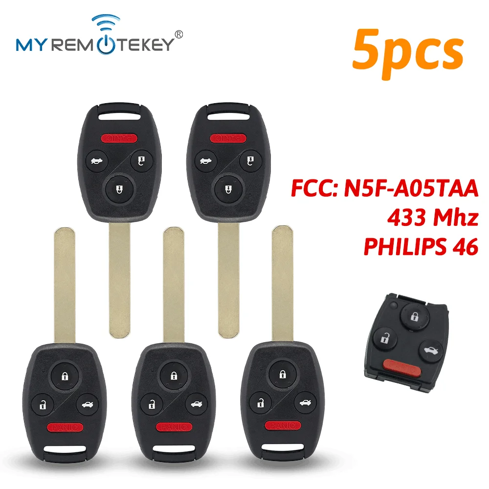 MYREMOTEKEY 5pcs N5F-A05TAA for Honda 2012 2013 Civic Hybrid EX SI 2014 Accord Car Key 3 Button with Panic 313.8 Mhz