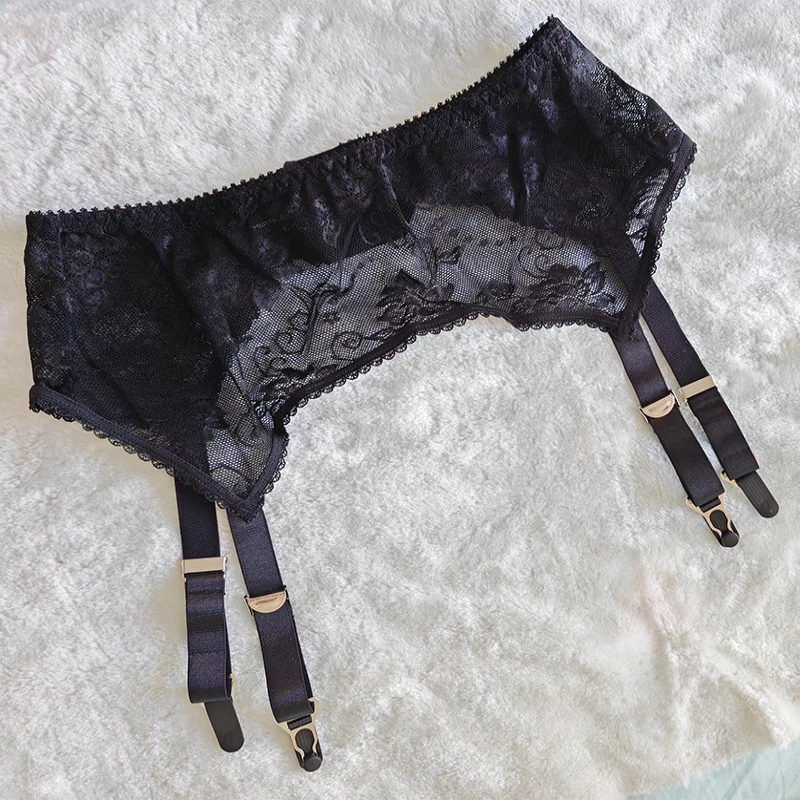 Elegant Black Full Lace Hollow Smooth Embroidery Adjustable Wide Suspenders Metal Garter Clips plus Size Home Comfort Underwear