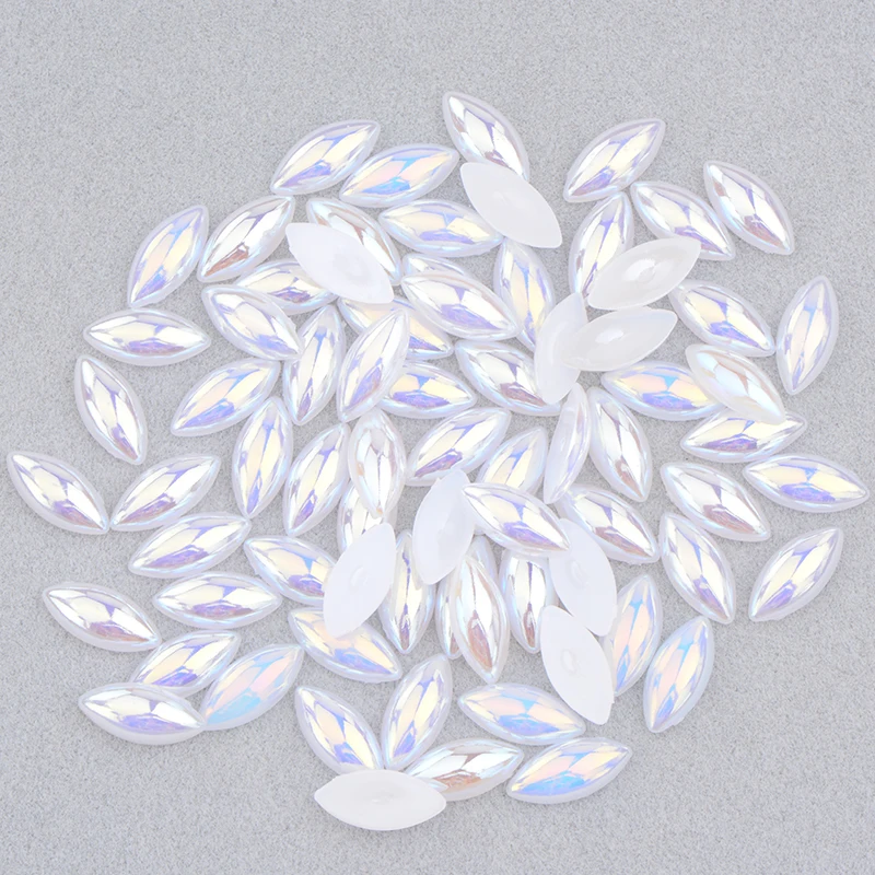 JUNAO 100pcs 7*15mm Jelly White AB Half Pearl Rhinestone Horse Eye Strass Crystal Flat Back Pearl Beads For Clothes DIY Crafts