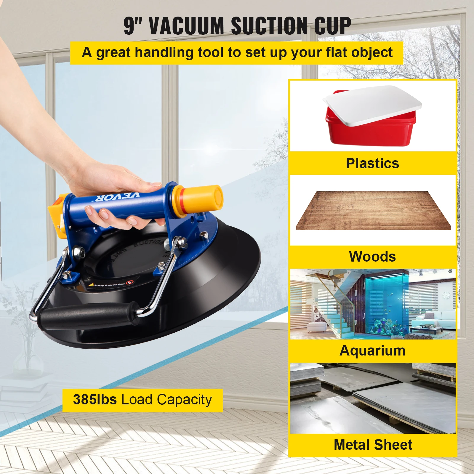 VEVOR 9'' Glass Lifting Vacuum Suction Cup, 385lbs Load Capacity Glass Lifting Suction Cup, Heavy-Duty Hand-Held Glass Lifter