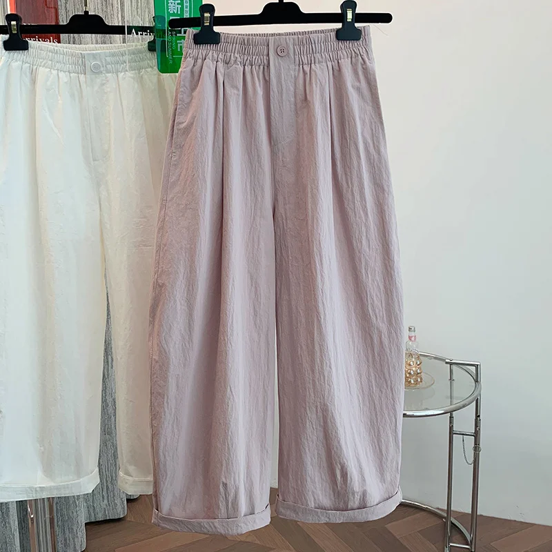 

Thin Summer Loose Casual Wide Leg Pants Women Solid Pockets Ankle Length Trousers Soft Elastic Wiast Cototn Pants
