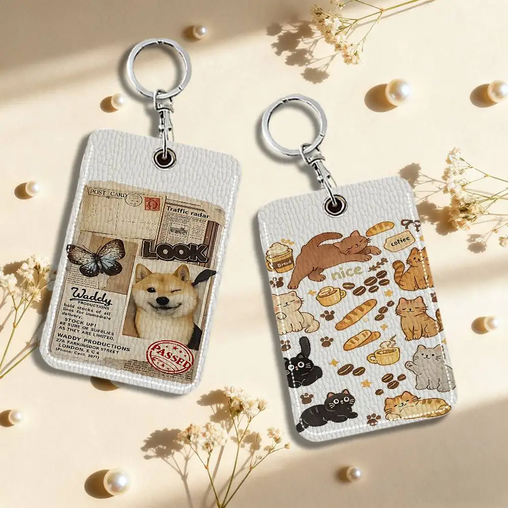 Cute Cartoon Cat Dog Card Holder Leather Card Storage Box Key Chain Access Tag Holder ID Card Holder Key Chain