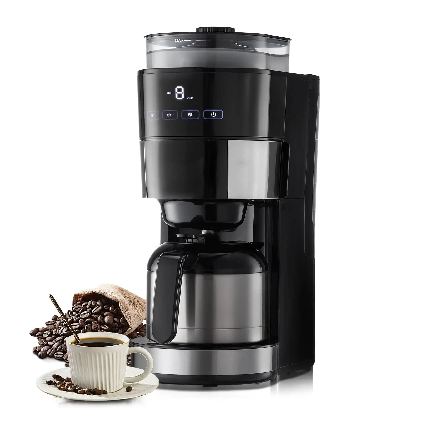 8 Cup Coffee Maker with Grinder Grind and Brew Coffee Maker with 3 Brew Strength Control 24-Hour Timer for Auto Brew Removable W