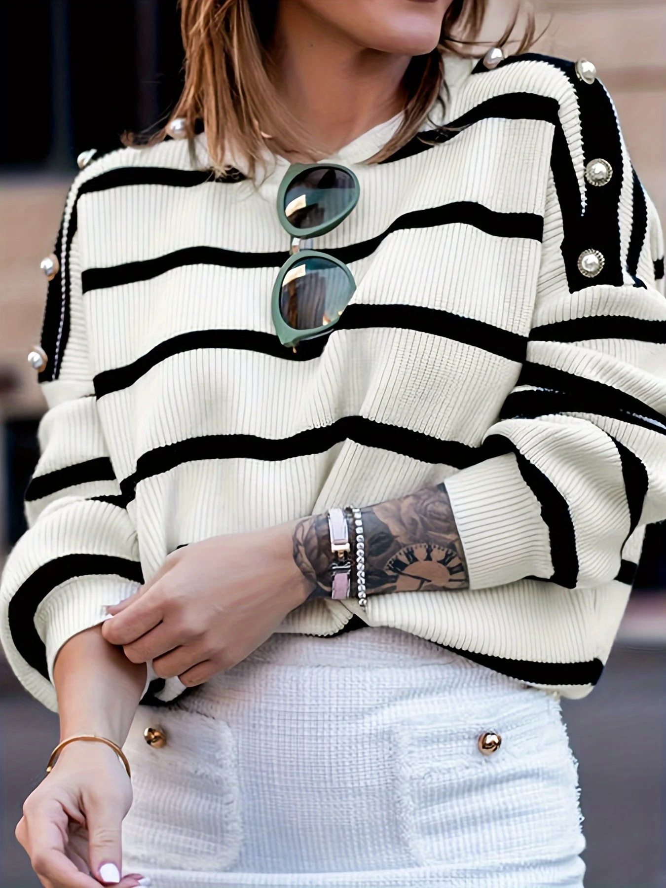 Hauts rayés décontractés pour femmes, pulls tricotés à manches longues et col rond, mode printemps et automne, articles polyvalents d'automne et d'hiver