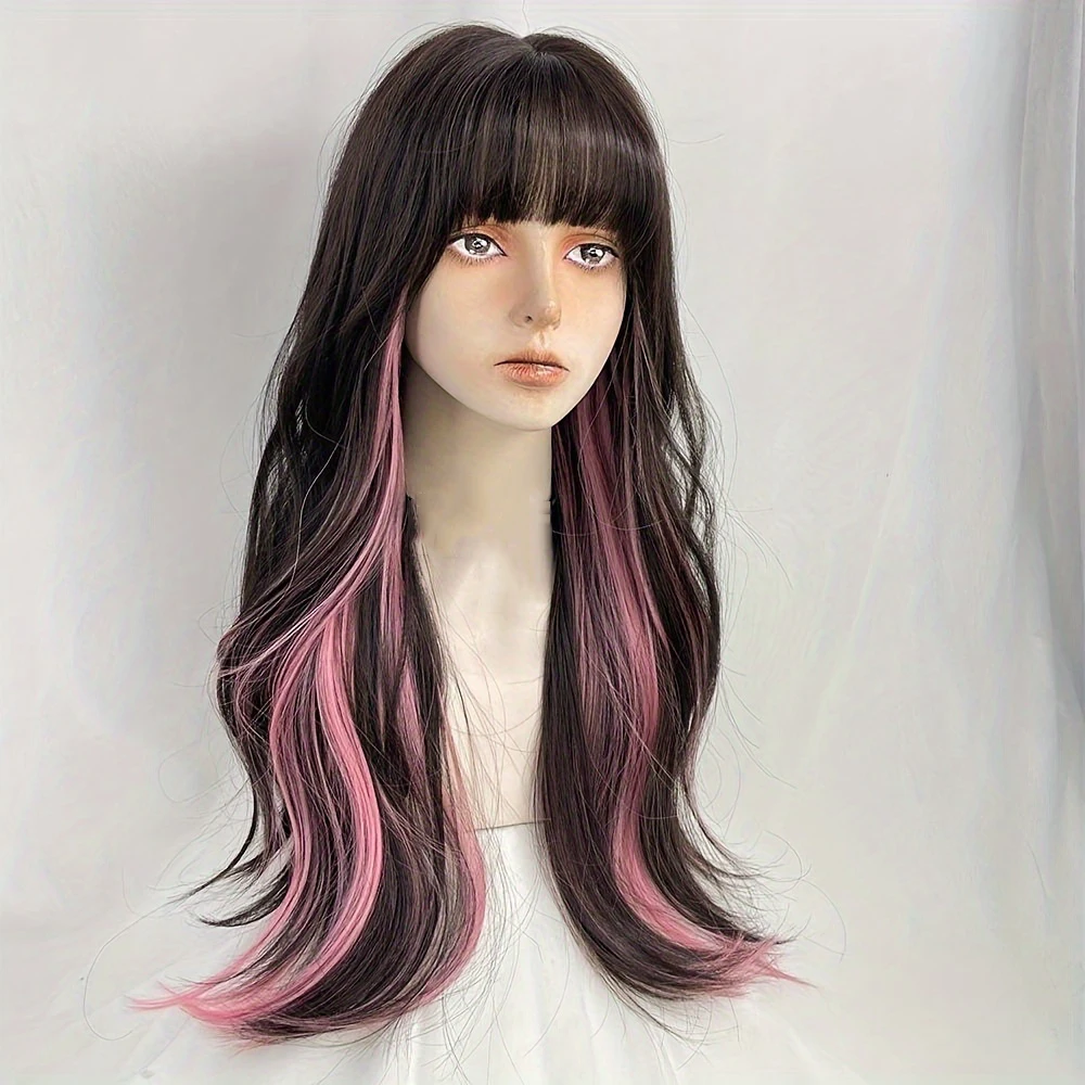 

Long Wavy Black Brown-Pink Wigs With Bangs Cosplay Party Lolita Synthetic Wigs For Women Heat Resistant Fiber Hair