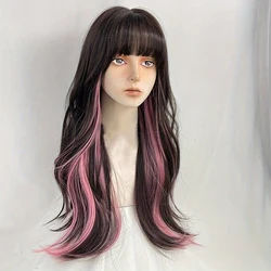 Long Wavy Black Brown-Pink Wigs With Bangs Cosplay Party Lolita Synthetic Wigs For Women Heat Resistant Fiber Hair