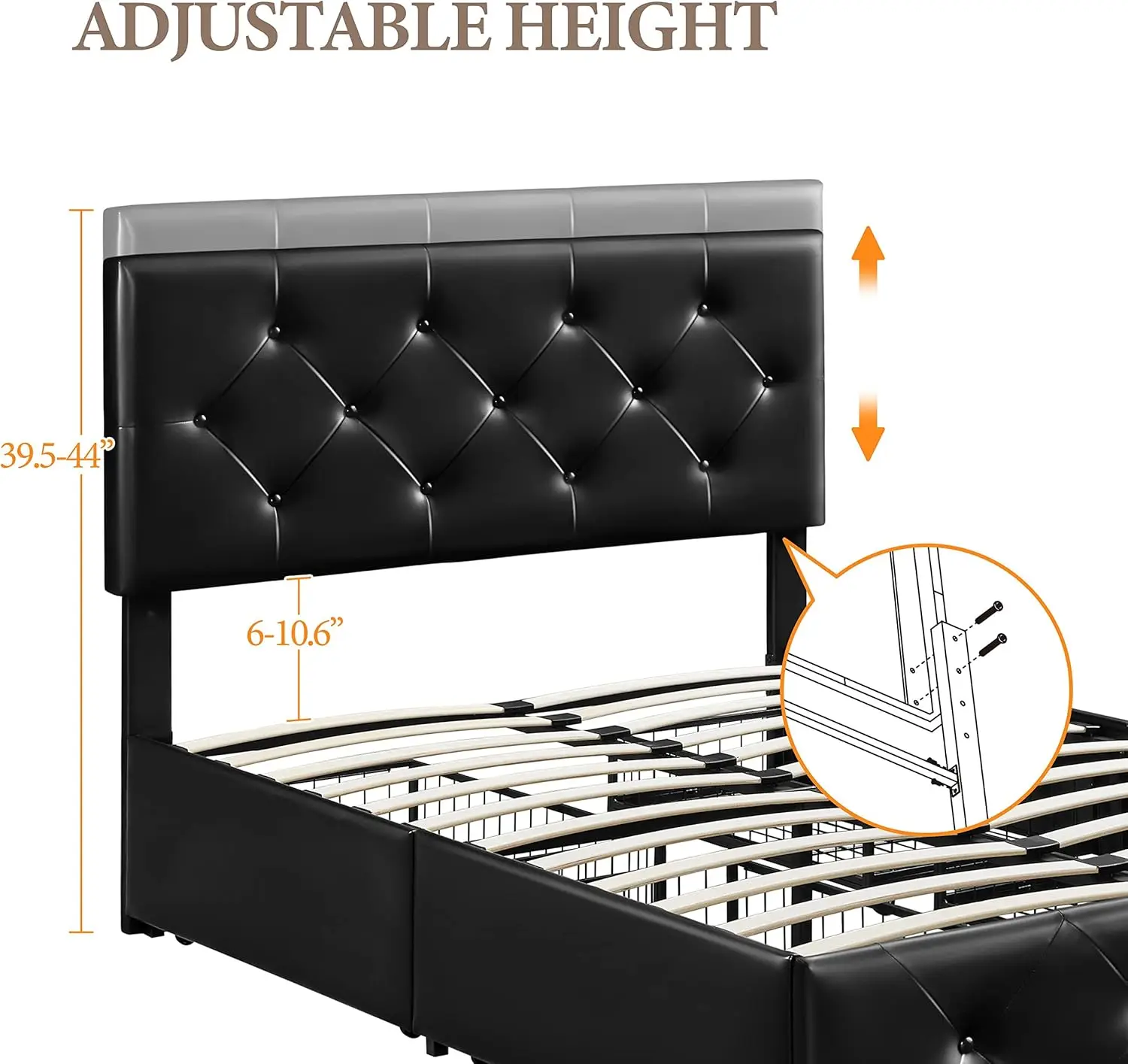 Soft padded bed frame with 4 storage drawers and adjustable headboard, sturdy wooden support, no need for box springs, black