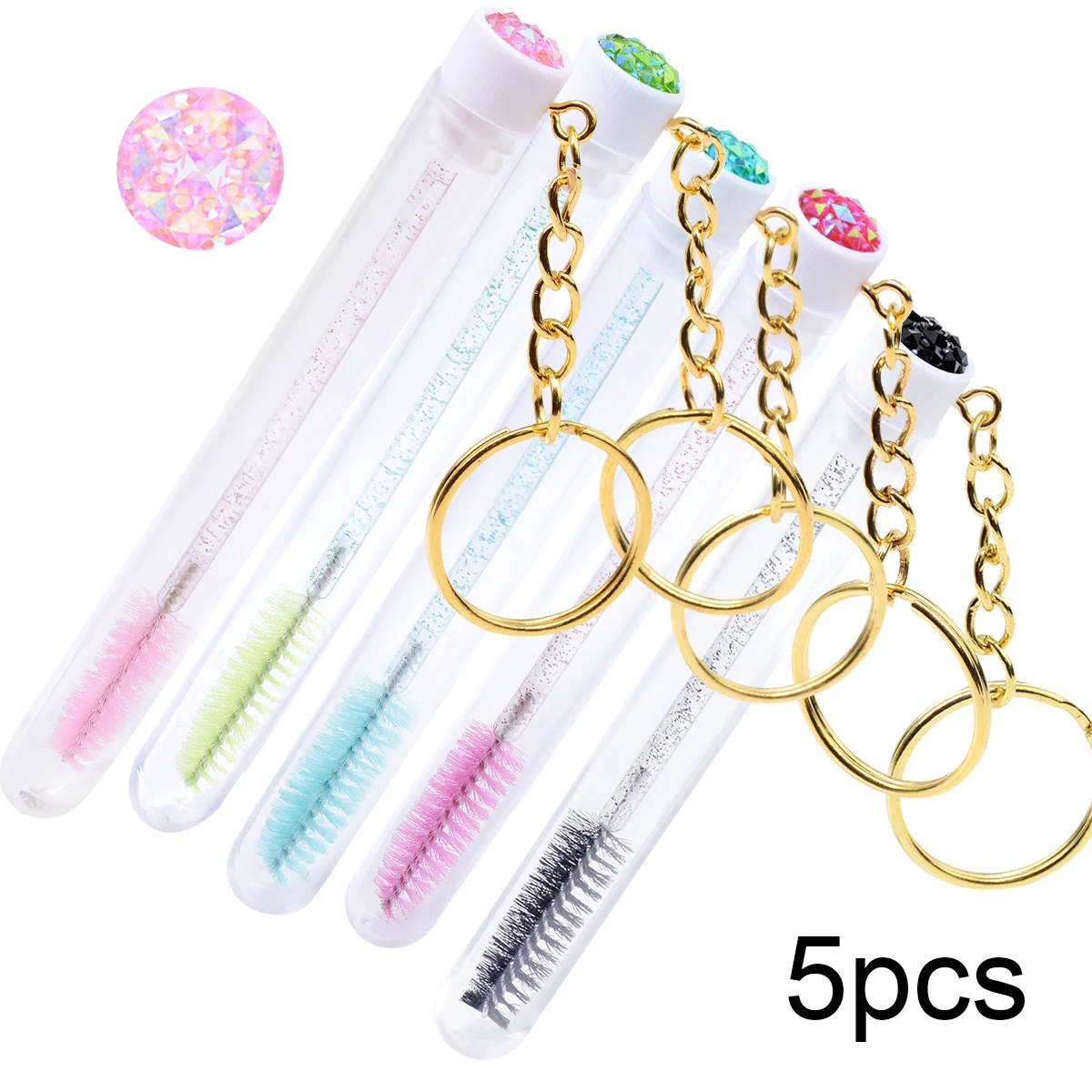 5pcs Reusable Eyelash Brush Tubes With Gold Keychain Sparkling Lash Mascara Wands In Tubes Container Lash Spoolies Comb Brushes