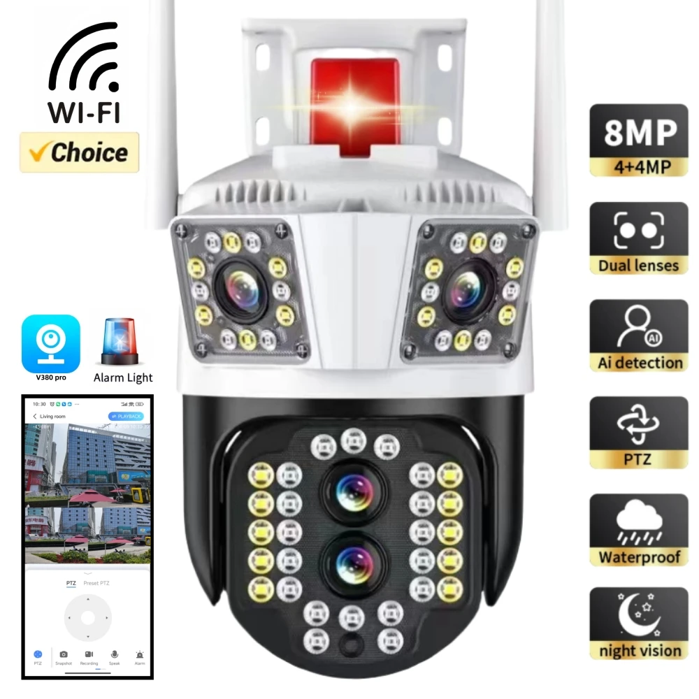 External Wifi PTZ Camera Dual Lens 4K 8MP HD Outdoor IP Camera 4MP Auto Tracking Security Protection CCTV Surveillance V380 PRO