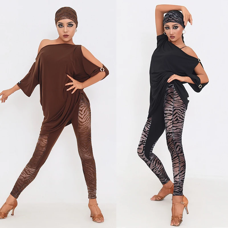 ملابس الرقص اللاتينية النساء بلوزات فضفاضة النمر طباعة الجوارب اللاتينية بنطلون الكبار رومبا تشا تشا قاعة الرقص ممارسة ارتداء DNV24941