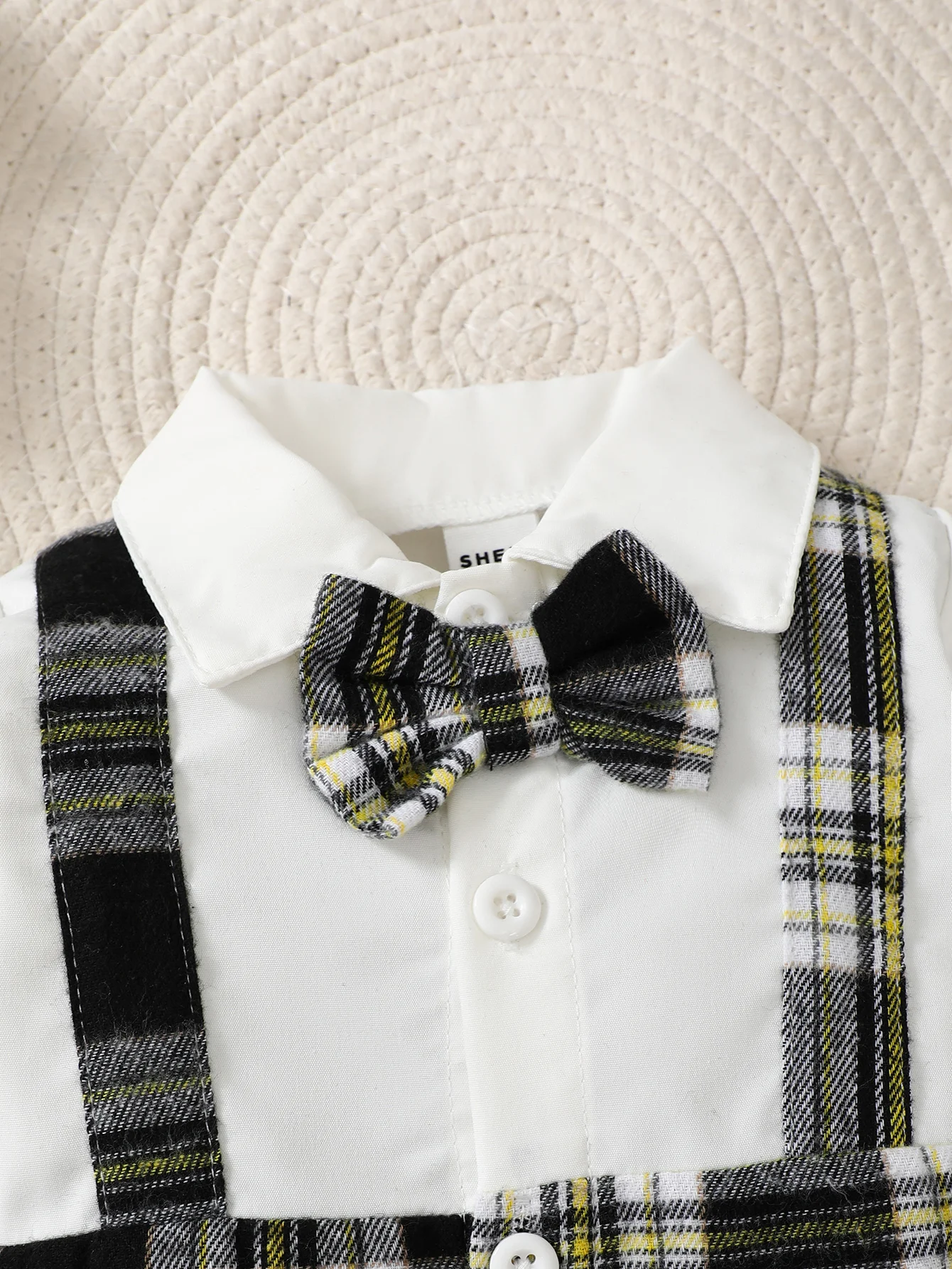 Newborn Literary Style Boy Baby Lapel False Strap Black Plaid Color Matching Jumpsuit Long Sleeve Button Cardigan Pantyband Hat