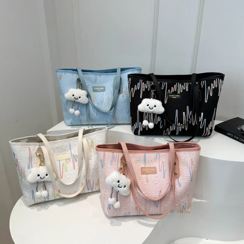 حقيبة ذات سعة كبيرة للتنقل في الترفيه للنساء، حقيبة كتف عصرية جديدة لطلاب الجامعات، حقائب يد مطرزة مخططة #1