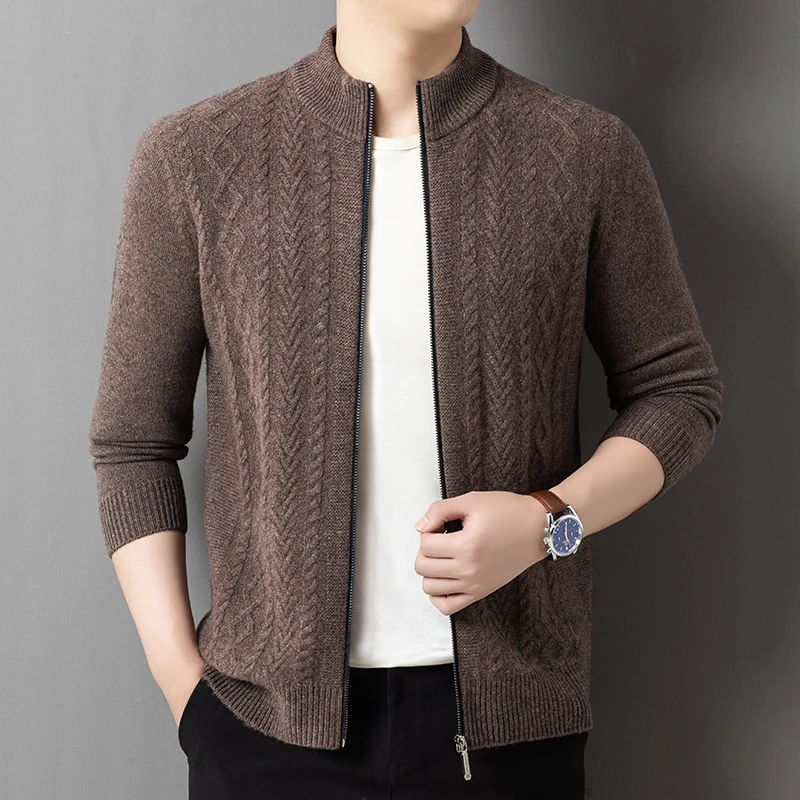 

Мужской кардиган из 100% овечьей шерсти, зимний, 2025, толстый свитер-пальто, модный, с длинным рукавом, на молнии, вязаная одежда из чистой шерсти