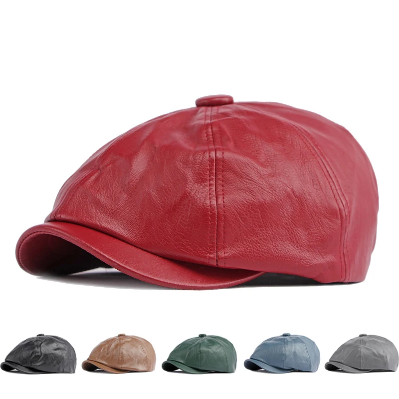 

Classic PU Leather Octagonal Hats Retro Solid Newsboy Beret Cap Four Seasons Duckbill Visor Peaked Hat Men Women Gatsby Caps