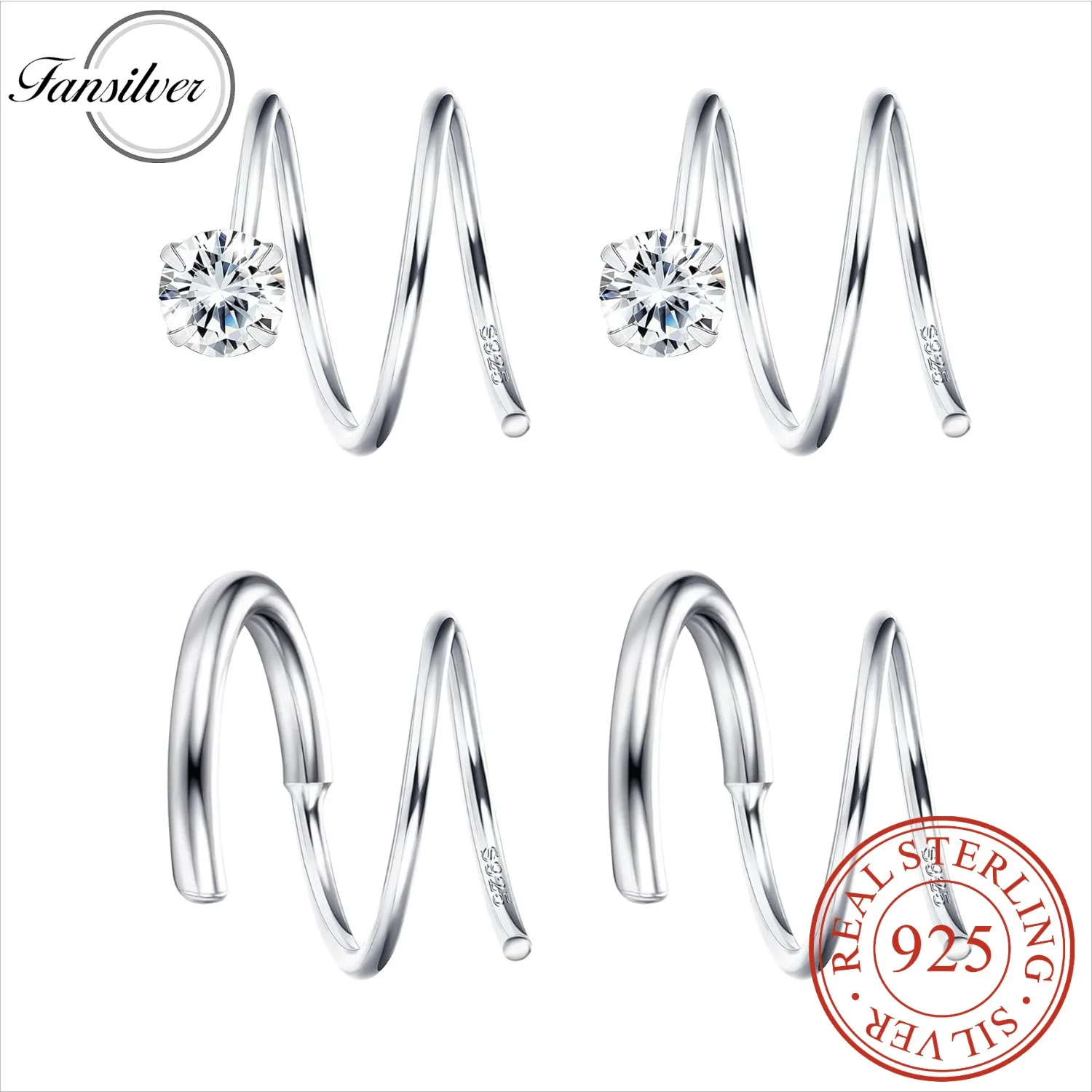 

Fansilver 2Pairs 925 Sterling Silver Twist Wrap Spiral Earrings for Women Double Hoop Cuff Earrings CZ Cartilage Piercing Jewel