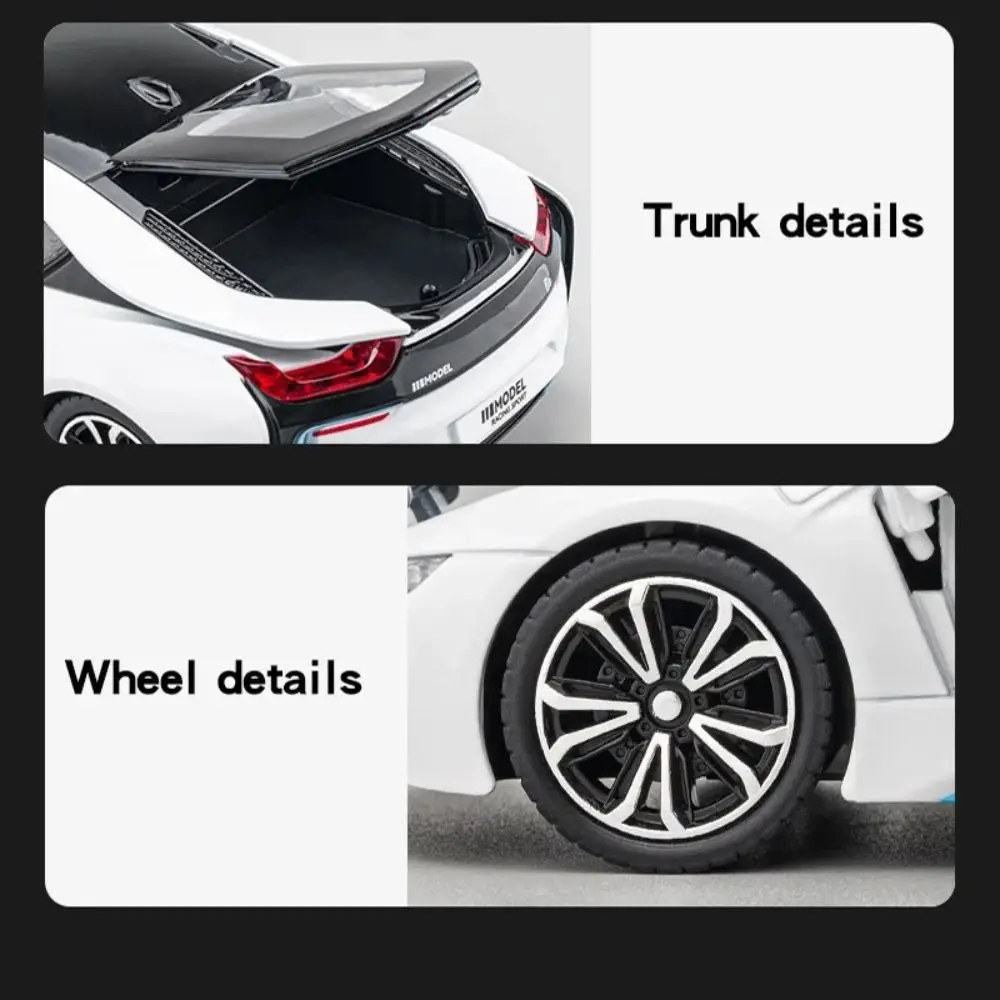 1:22 i8 سيارة رياضية مصنوعة من خليط معدني نموذج مضاد للسقوط ألعاب سيارات قابلة للسحب واقعية مدمجة مع ضوء وصوت لعيد الميلاد