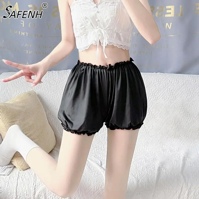 

Solid Color High Waist Casual Home Lace Bud Shape Bottoming Shorts For Women White Black