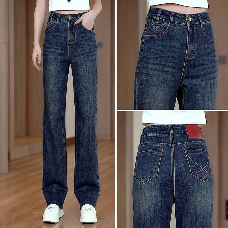 

Повседневные широкие джинсы в стиле ретро, женские облегающие прямые эластичные брюки с высокой талией, осенние новые универсальные утягивающие брюки