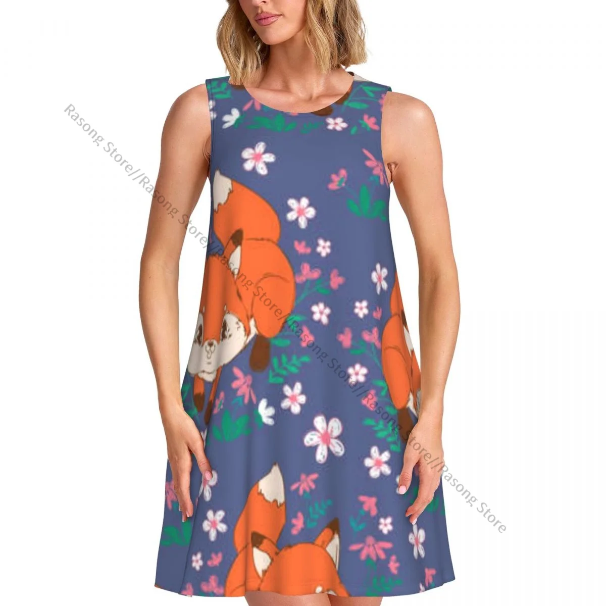 レディースドレス夏カジュアルTシャツドレスビーチカバーアップかわいいキツネと花柄タンクドレス