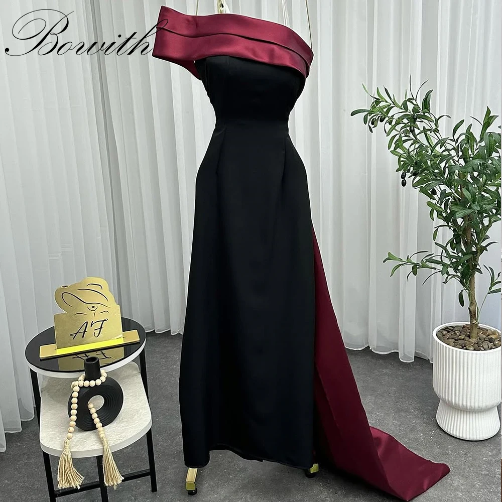 

Bowith One-Shoulder Evening Dresses Contrast Burgundy and Black Prom Dresses Customized Women Party Dresses Prom Gown