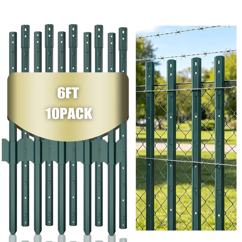 6-Foot Height Heavy-Duty T-Shaped Metal Fence Posts, 10pcs Pack, Segmented, No-Dig U-Shaped Posts, Patio/Garden Fence Posts