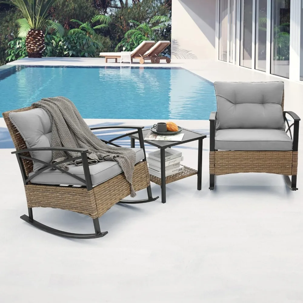 

Outdoor Rocking Chairs Set - 3 Pieces Grey Patio Bistro Set Outside Furniture 2 Wicker Rocker Chairs